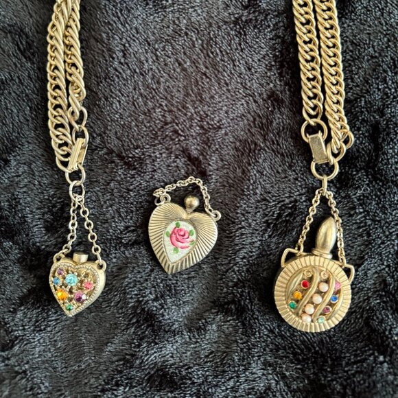 Antique Mini Perfume Bottles Jewelry Rhinestones, Rose Guilloche Enamel - Picture 12 of 12